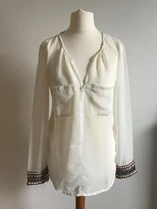 Zara Womens White Embellished Cuffs Sheer Fancy Casual Long Sleeve Blouse Top - Picture 1 of 5