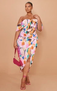 Pretty Little Thing Plus Multi Bardot Ruched Side Corset Draped Midi Dress Sz 18 - Picture 1 of 13
