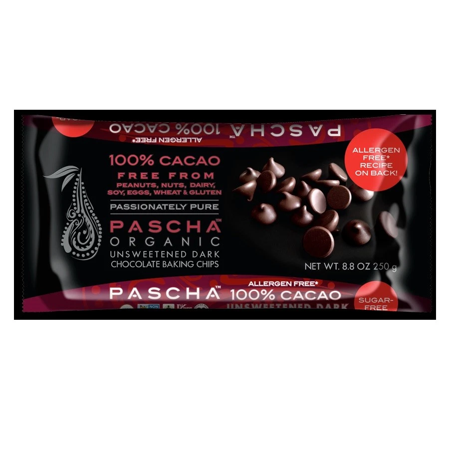 Pascha 100 Cacao Organic Dark Chocolate Baking Chips Unsweetened 8.8 Oz