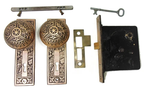 Antique Set EASTLAKE VICTORIAN AESTHETIC Backplates Door Knob Mortise Lock w Key Cover