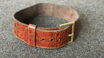 BOHO WIDE JOHNNY FARAH GENUINE CROCODILE BELT Brown Brass Buckle Size S - Image 1 of 4