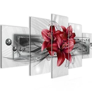 Wandbilder Wohnzimmer XXL Blumen Lilien Moderne Bild Abstrakt Grau Rot  - Bild 1 von 7