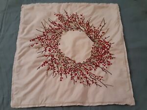 Pottery Barn Embroidered RED BERRY Wreath Christmas Pillow Cover 24" x 24"