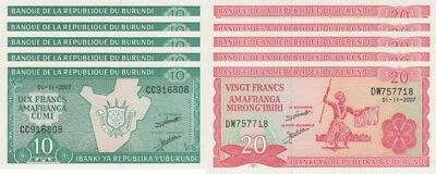 LOT, Burundi 10 and 20 Francs (01.11.2007) p-33e & p-27d x 5 PCS UNC - Image 1 of 3