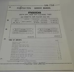 Fujitsu Ten MAZDA 3262 3263 AM-FM Cassette SM-758 Service Manual CE-3430 CE-3431 - Picture 1 of 1