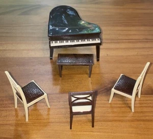 5pc LOT Renwal Dollhouse Furniture Grand Piano & Bench, *Tall Dresser, 3 Chairs - Picture 1 of 16