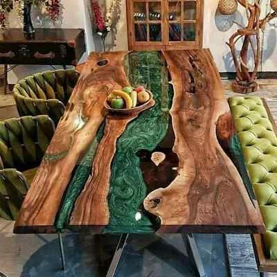 60"X36" Green Resin River Dining Table with Live Edge Wood – Handmade resin Art - Image 1 of 4