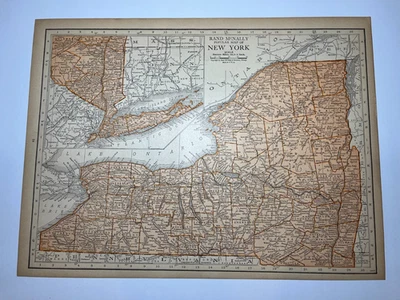 1925 "Copper" NEW YORK State Map fm 1925 Rand-McNally Atlas SEE DESCRIP - Image 1 of 3