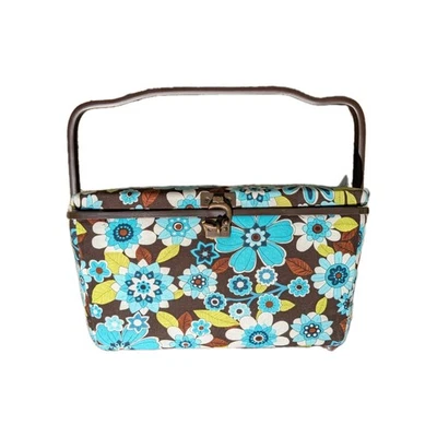 Cesta de nociones de costura mod con asa azul marrón verde estampado floral broche de latón Foto 1 de 4