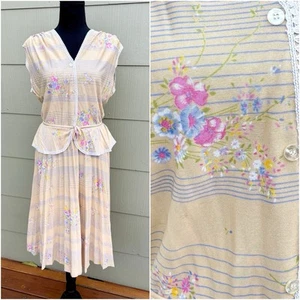 vtg Peacock 90s Cottage Sleeveless Beige Floral Skirt Waist Blouson Tea Dress - Picture 1 of 23