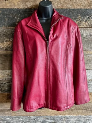 Chaqueta de cuero genuino roja para mujer Nine West - talla L - cremallera frontal ajuste a medida Foto 1 de 4