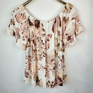 Knox Rose Damen Rüschen Kurzarm Bauern Top Gr. L Pfirsich Braun Elfenbein Blumen - Bild 1 von 11