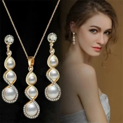 3pcs New Fashion Women Bohemian Golden White Pearl Necklace Earrings Set Gift - Image 1 of 3