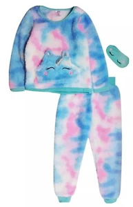 Lola Girls Pajamas Blue 10/12 Tie Dye Plush 2 Piece Set Top Pants Unicorn Pocket - Picture 1 of 11