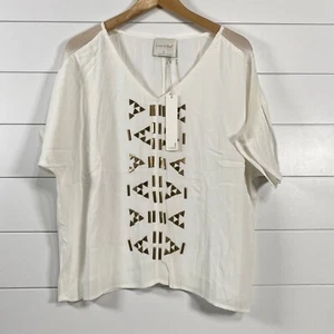 Line & Dot Womens Silk Blend Tribal Gold Embellished Top M NWT White Southwest - Picture 1 of 11