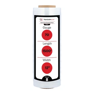 12" x 1500' 70 Gauge 8 Rolls Cast Hand Stretch Wrap Plastic Shrink Film Clear - Picture 1 of 9
