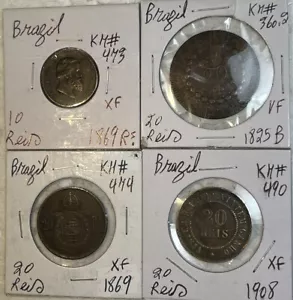 1825 - 1908 BRAZIL 10 & 20 Reis Very Fine VF - XF Condition 4 Coin Lot - Picture 1 of 16