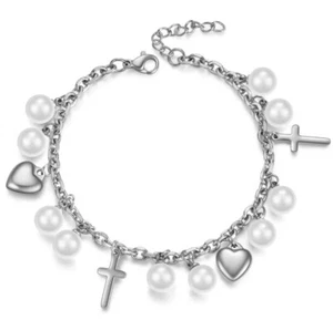 Collar cruz y corazón pulsera de simulación de perlas de fe y amor de acero inoxidable - Imagen 1 de 7