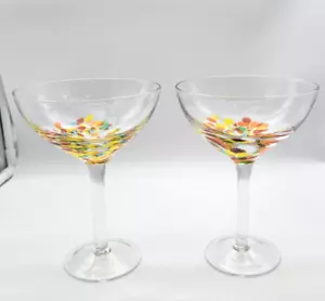 Set Of 2 Handblown Glass Colorful Confetti Mexican Martini 7” Glasses - Picture 1 of 3