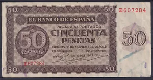 BILLETE ESPAÑA 50 PESETAS 1936 BURGOS - SERIE E - MBC- - Picture 1 of 2