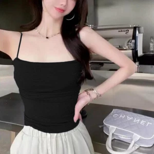 Summer Women's Solid Color Spaghetti Strap Pleated Slim Camisole With Chest Pad - Picture 1 of 13