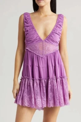 Free People Spring Fling Romper Purple Floral Lace Mini Tiered Open Back Boho M - Image 1 of 4