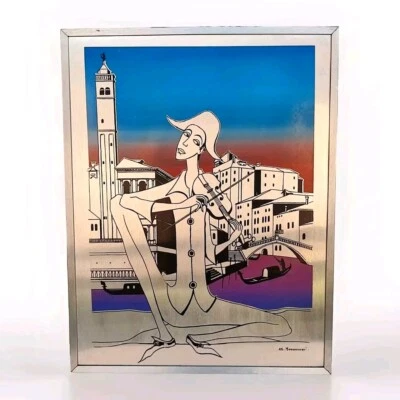 TABLEAU PANNEAU INOX IMPRIMÉ VINTAGE   ARLEQUIN VENISE SIGNE ATL .MUNAHUANQUI  - Photo 1/4