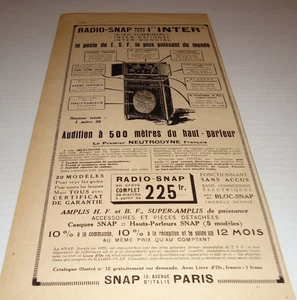 1929 ANCIENNE PUBLICITÉ PAPIER POSTE DE T.S.F. (RADIO) SNAP MODELE 1926 L'INTER - Picture 1 of 1