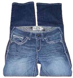 ARIAT REAL DENIM WOMENS SIZE 27 SHORT BOOTCUT BLUE JEANS LOW RISE WHITE STITCH - Picture 1 of 2
