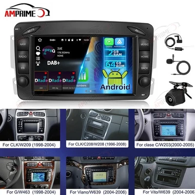 AMPRIME Radio de coche Android 15 para Mercedes Benz CLK W209 W203 W463 W168 Navi Carplay DAB+
