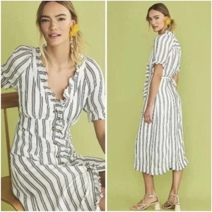 Anthropologie Pilcro Midikleid Rüschen-Kragen Knopfleiste Größe 14 Leinenmischung - Bild 1 von 10