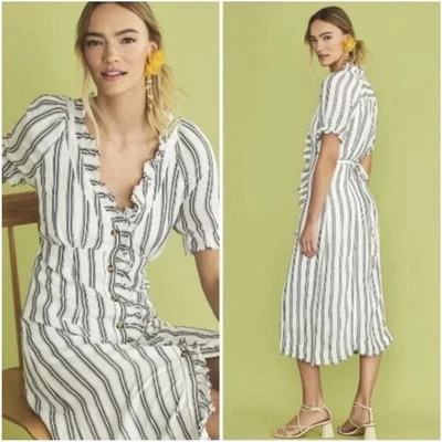 Anthropologie Pilcro Ruffle-Collar Button Down Midi Dress Size 14 Linen Blend - Image 1 of 4