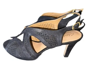 Clarks Artisan Slingback 3" High Heel Sandals Womens 8M Black Laser Cut Peep Toe - Picture 1 of 11
