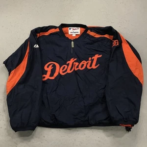 VINTAGE Detroit Tigers Jacket Mens Large Blue Majestic Cage Pullover Dugout Zip - Picture 1 of 9