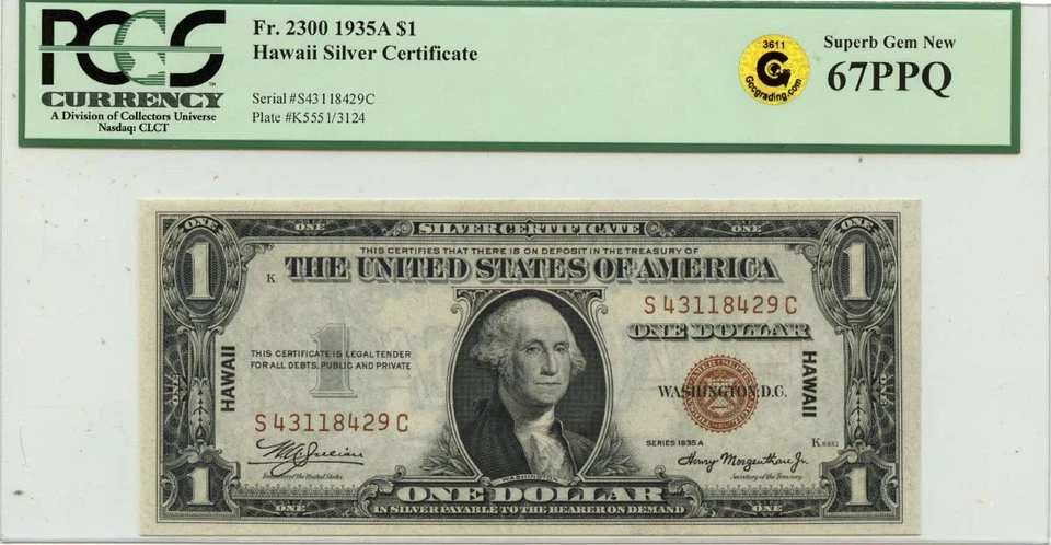 1935A $1 Silver Certificate Hawaii WWII FR#2300 PCGS Superb GEM 67 PPQ GCC Gold - Image 1 of 2