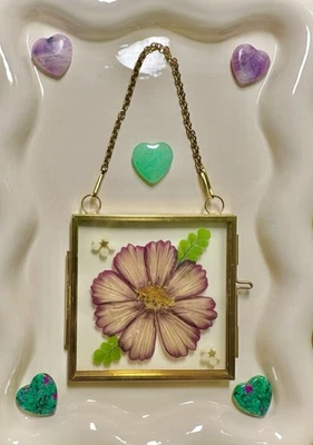 Moldura flutuante de vidro duplo artesanal latão flores silvestres secas reais prensadas - Imagem 1 de 4