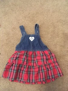 OshKosh Mädchen 18 Monate Denim Overall Kleid rot kariert Taft Rock Herz Logo - Bild 1 von 3