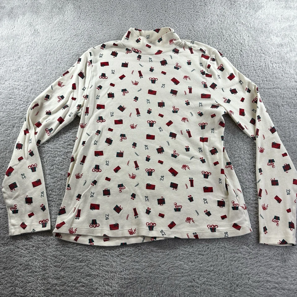 Camisa Patrón Navidad Mujer XL (16-18) Blanco Cuello Tortuga Retro Grandmacore Foto 1 de 4