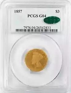 1857 THREE DOLLAR GOLD PIECE $3 INDIAN PRINCESS PCGS & CAC CERT G 04 GOOD (833) - Picture 1 of 4