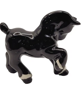 Black Horse w White Socks Prancing Shiny Heavy Glaze Ceramic 1950s Figurine - Picture 1 of 24