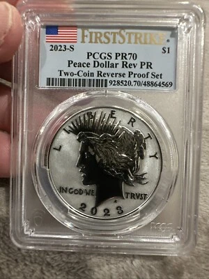 2023 s silver reverse proof Peace Dollar PCGS PR 70 First strike  Flag Holder - Image 1 of 2