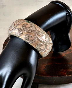 Tan Silver Swirl Wide Bangle Hinged Bracelet - Picture 1 of 10