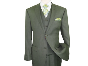 Men's VITALI Three Piece Suit Vested Sharkskin Sheen Vented M3090 Olive Green  