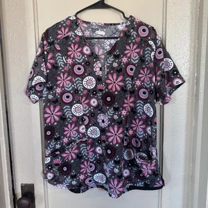 Scrubaid Grey Floral Scrub Top Women’s 2X Stretchy Sides Tapered Fit - Picture 1 of 7