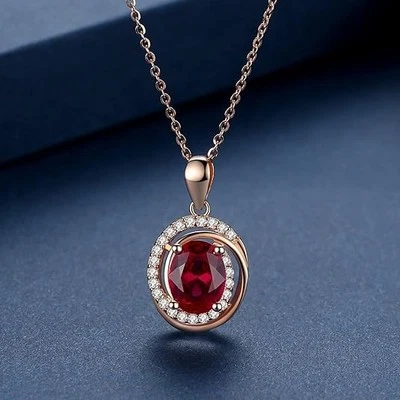 1CT Oval Cut Red Ruby Diamond Lab-Created Women's Pendant 14K Rose Gold Plated - Image 1 of 4
