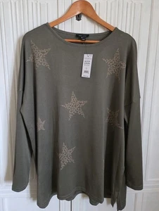 New Look Size Large Top- Long Sleeve, Khaki Green, Star Pattern, Boat Neck (184) - Picture 1 of 14