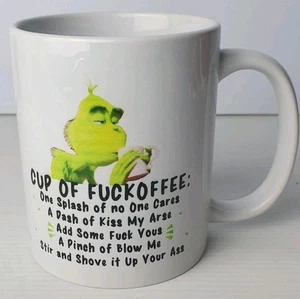 NOVELTY Ceramic Grinch Mug Adult Humour White Illustrated H10cm Vgc - Picture 1 of 7