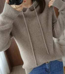 Hoodie Long Knitted Sweater Sleeve Loose Hoodie Cashmere  Pullover 100% Wool - Picture 1 of 20