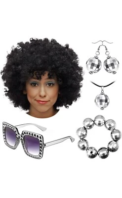 5 pc 1970s Disco Access. Disco Set, Afro Wig Disco Ball Earrings Necklace - Image 1 of 4