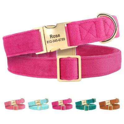 Soft Fleece Personalised Dog Collar Pet Puppy Name ID Tag Metal Buckle Engraved - Image 1 of 4